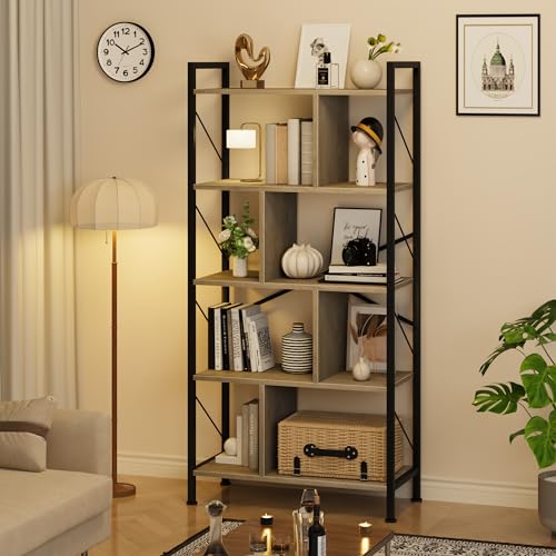 IDEALHOUSE 5 Tier Bookshelf with Storage, 61 Inch Tall Industrial Book Shelf with Open Display Bookshelves, 5 Shelf Bookcase with Metal Frame for Living Room, Bedroom and Home Office-Rustic Brown
