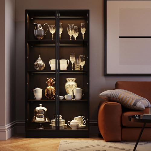 Display Cabinet with Glass Doors & Lights, 3-Tier, 2 Drawers, Black M7708