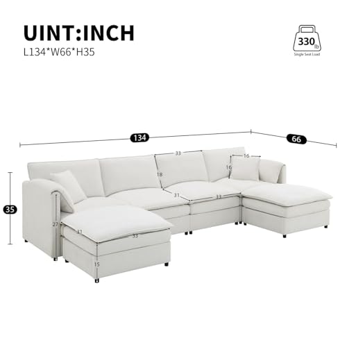 Modular U-Shaped Sectional Sofa with 2 Ottoman, Chenille, Cream F2854