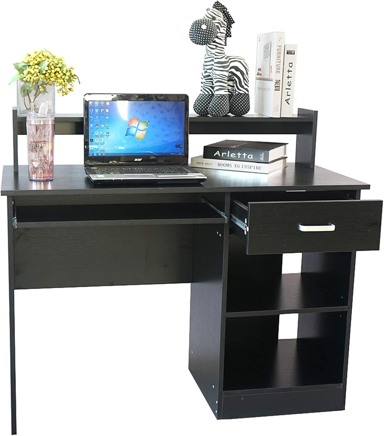Black Computer Desk with Keyboard Tray and Drawer for Home Office T14048